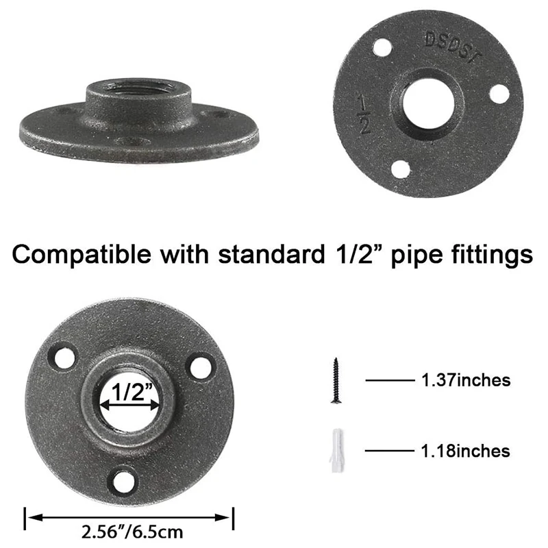 1/2 Inches Malleable Cast Iron Pipe Flange, 1/2 Inches Black Pipe Threaded Pipe Nipples, 8 Pcs