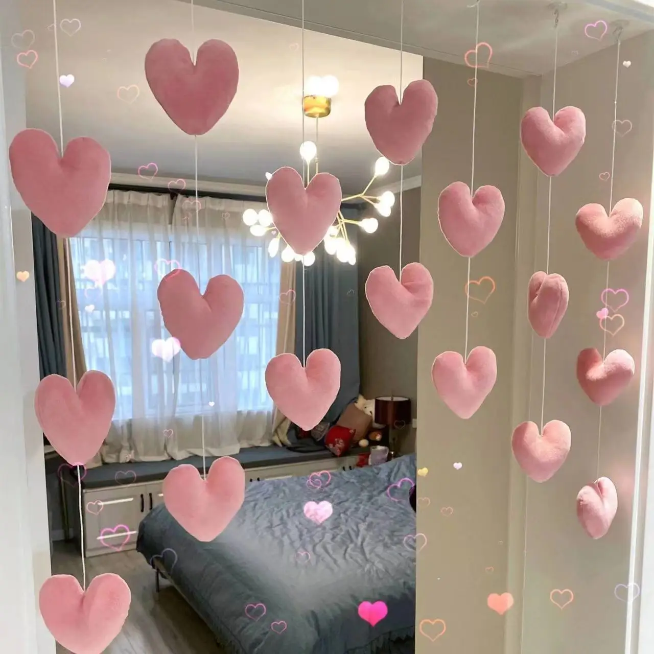 

Girls Cute Large Heart Shaped Door Curtains Students Bedroom Line String Pendants Curtain Kawaii Wedding Room Wall Decorations