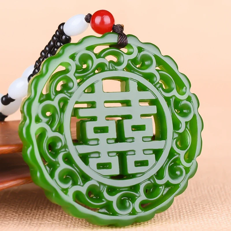 

Chinese Green Jade Hollow-out Happy event Pendant Necklace Charm Jewellery Fashion Accessories Hand-Carved Man Woman Luck Amulet