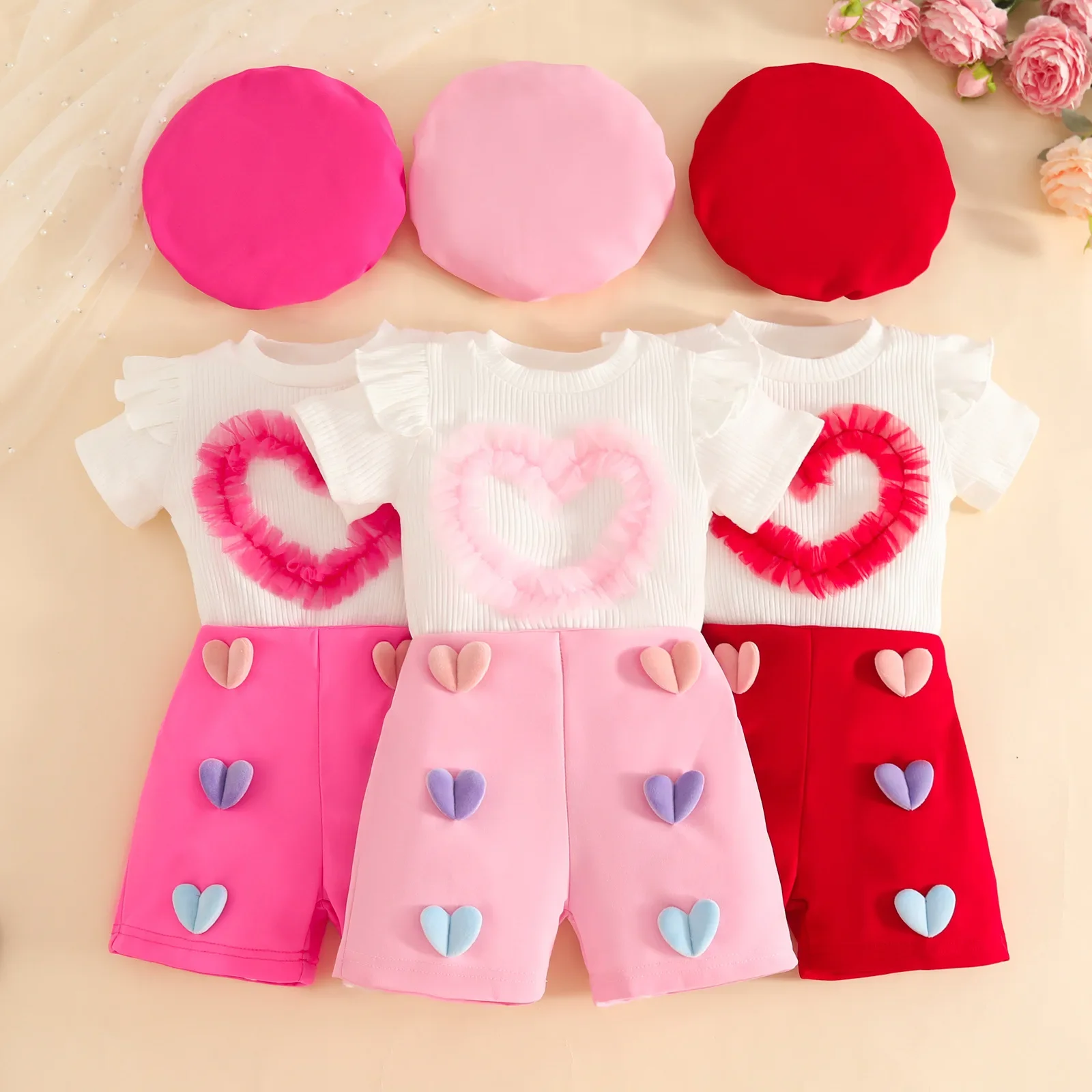 Zestaw na Walentynki dla dziewczynki: uroczy tiulowy komplet z nadrukiem serduszek, składający się z bluzki z krótkim rękawem, szortów i beretki.