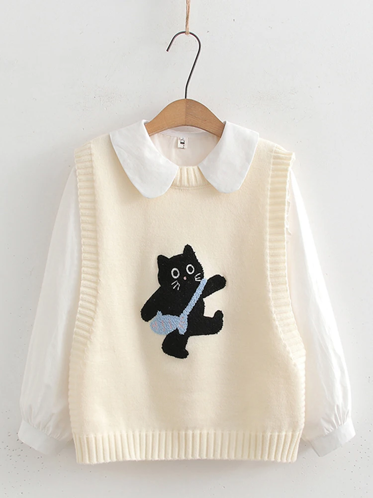 

Милый вязаный свитер без рукавов, жилет с вышивкой котенка, модная сложенная рубашка, комплект из двух предметов, весенне-осенний новый женский топ