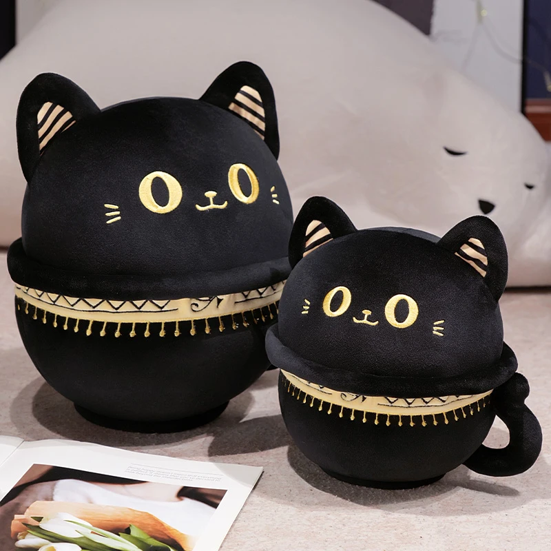 Black Cat Cup Shape Plush Toy Golden Embroidery Tassel Design Round Cat Stuffed Doll Fluffy Animal Ornament For Home Decor