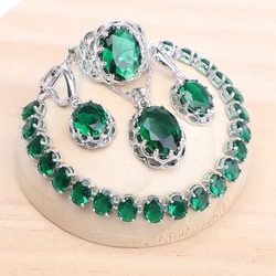 925 Silver Bridal Green Zircon Jewelry Sets For Women Wedding Earrings Rings Bracelets Pendant Necklace Set