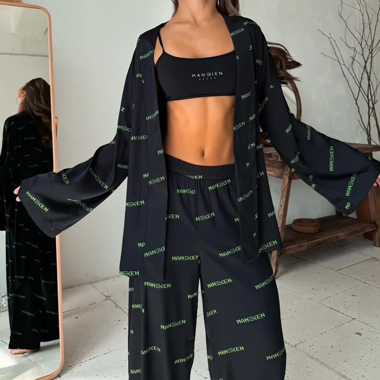 Printing Female Pajamas 2 Piece Suit Long Sleeve Lace Up Sleepwear Sexy V-Neck Nightgowns Pants Casual Nightwear Sets