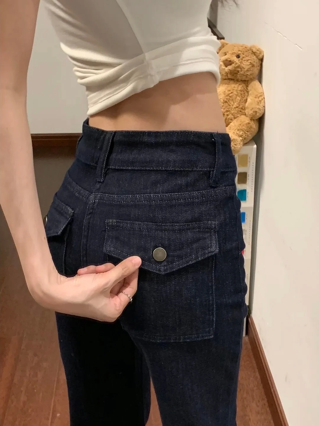 Extended Length Loose Fit Deep Blue Double Buckle Flare Jeans Women Low Waist Denim Pants Slimming Bell Bottoms Non-Matching