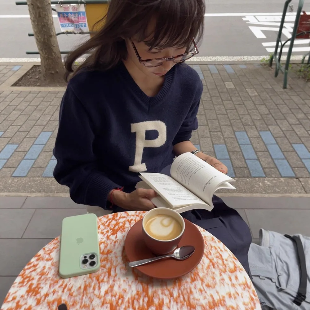 

Women's Loose Knitted Wool Sweater V-Ne Letter Embroidery Thi Autumn Winter Faion Casual Comfortable Soft Camere Top