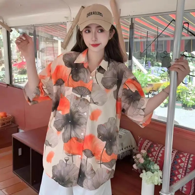 Summer Lotus Print Hong Kong Style Short Sleeve Loose Shirts Men and Women Blouse Hawaii Beach Shirts Japanese Blusas Casuais