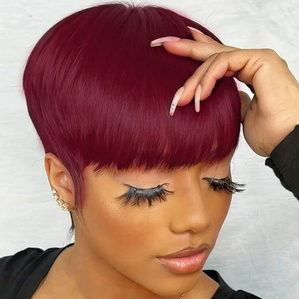 

Парик пикси, черно-коричневый, цвета 613 и 99J, машинной работы, с укороченной прической пикси, короткий прямой парик из натуральных волос для женщин, для повседневного использования и вечеринок