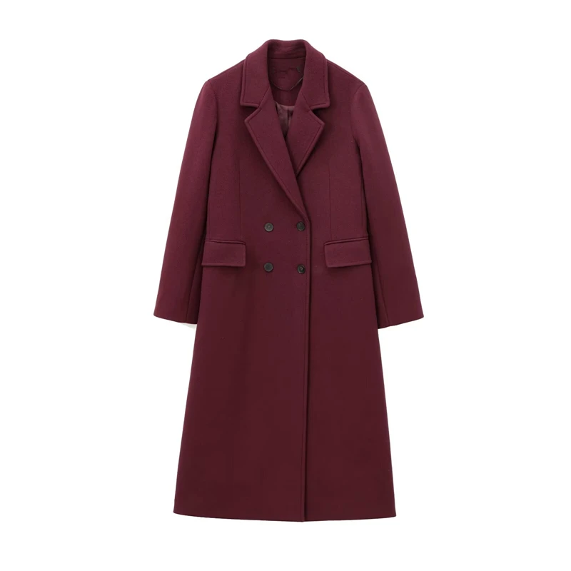 Maxdutti Fashion Ladies Suits Jacket Minimalist Burgundy Long Coat Women British Double Breasted Retro Overcoat