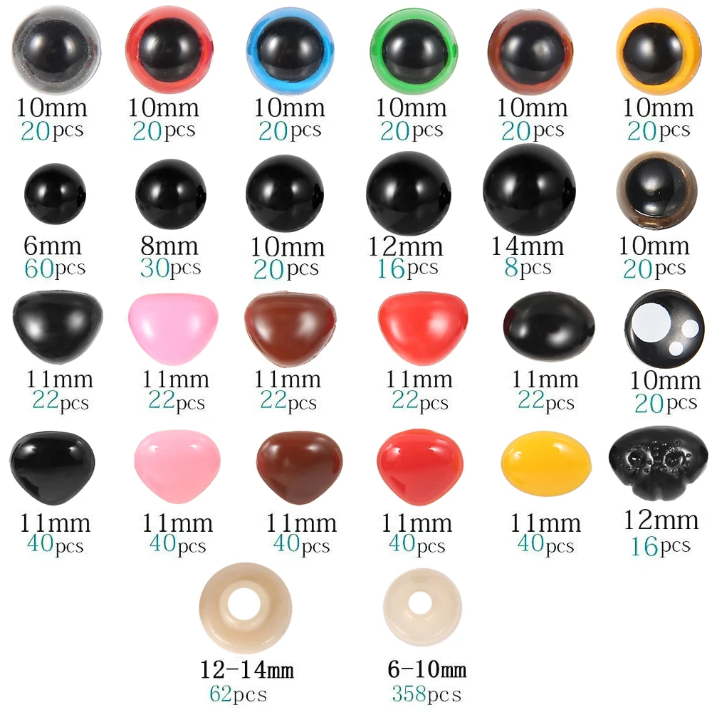 1040pcs 6-12mm Plastic Safety Eyes and Noses Set with Washers for Crochet Toy and Stuffed Animals Colorful Eyes Doll Making