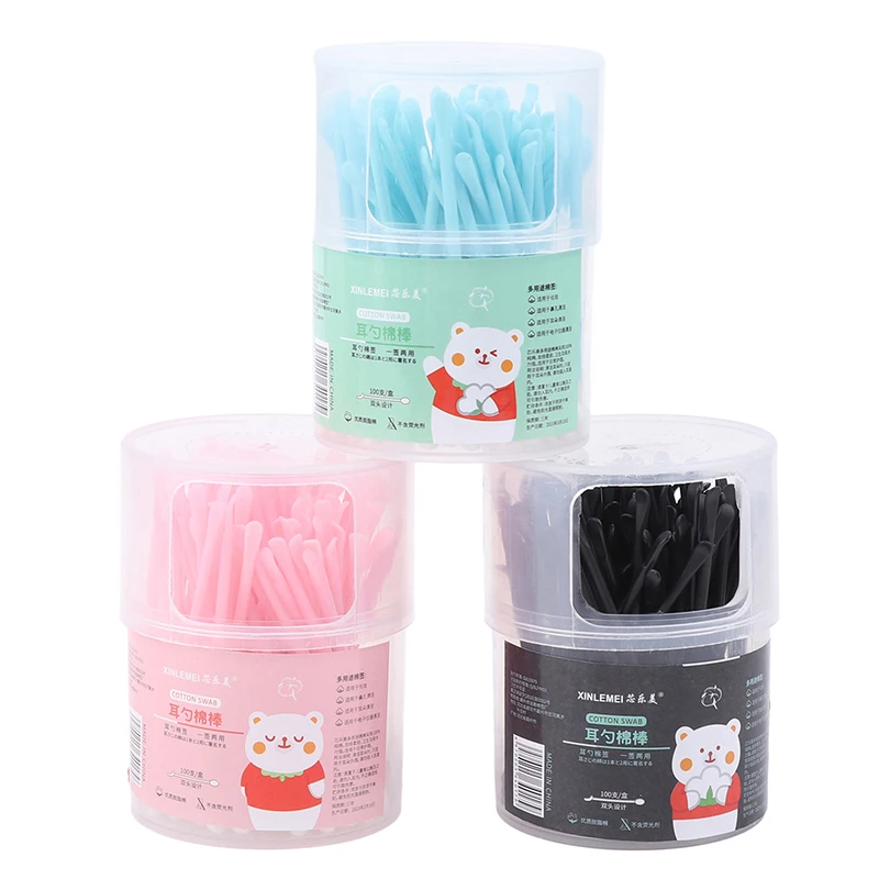 100PCS Disposable Double Head Cotton Swab Women Makeup Plastic Ear Pick Cotton Swabs Nose Ears Cleaning Tool Health Care Tools