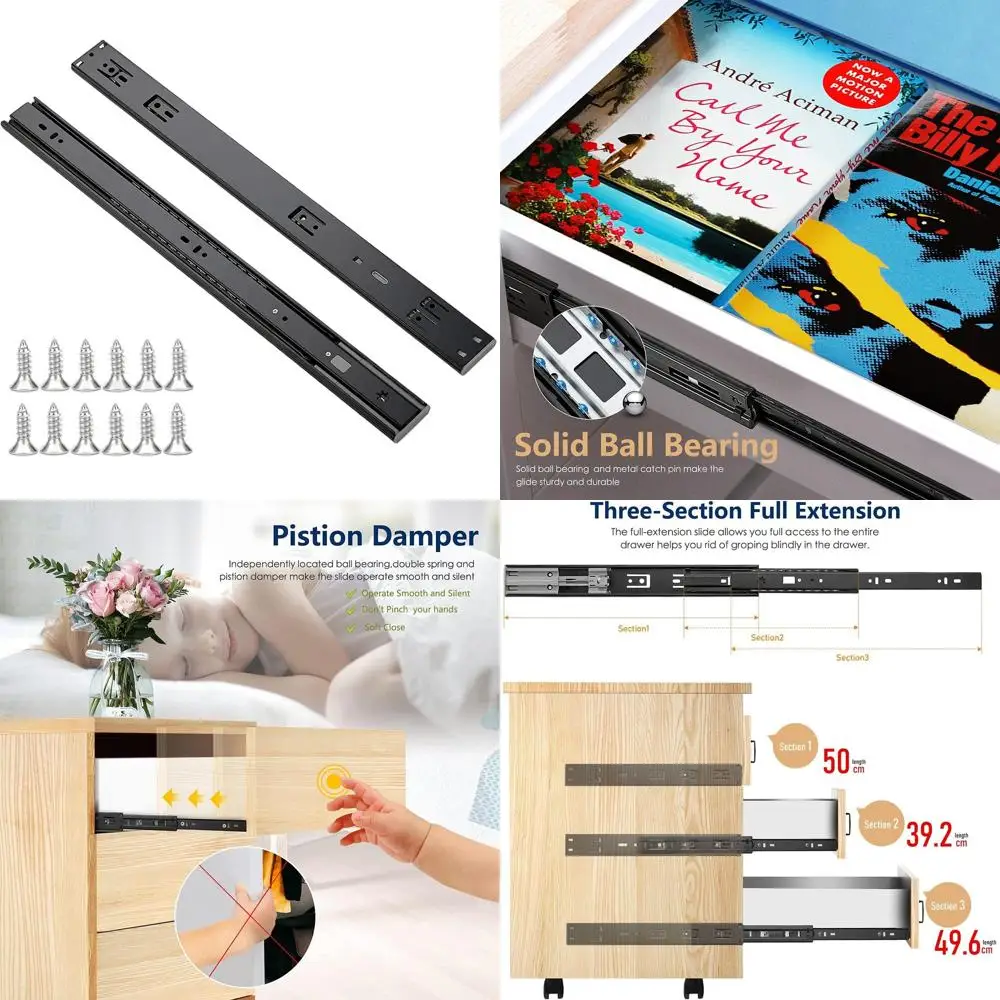 

20-дюймовые однотонные направляющие для шкафов, 5 пар, 10 штук в упаковке, черные, с полным выдвижением, на шарикоподшипниках, боковое крепление