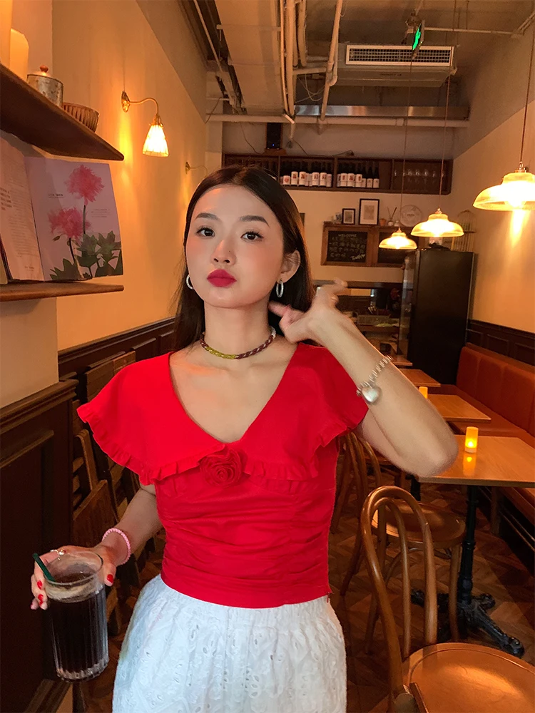 Red Slim Fit Women's Shirt Summer New Design Gathered Waist Flattering Short Sleeve V Neck Cotton Linen Blend Breathable Skin...