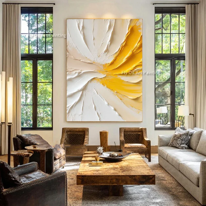 Hand Painted Impasto Abstract Swirl Oil Painting, White & Golden Thick Texture Canvas Wall Art, Modern Living Room Wall Decor