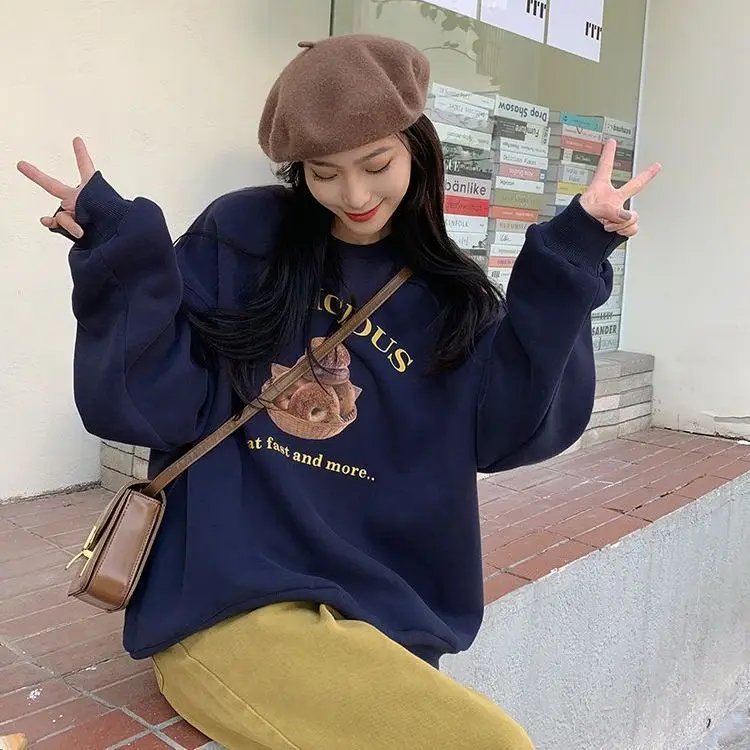 

Retro American Oversize Hoodie Women's Autumn Winter Thickened Fleece Lettering round Neck Jacket Loose Fit Small Size Friendly