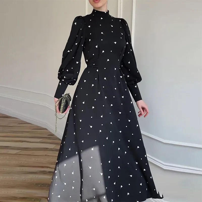 Elegant Women\'s Fashionable Dress 2024 Summer New Printed Long Sleeves Slim Fit Temperament Dress with Belt Office Lady Style