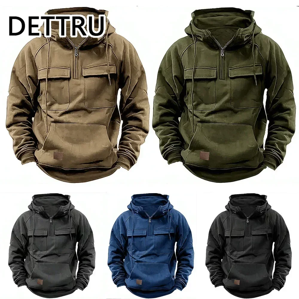 Men\'s Hoodies Solid Sweatshirts Multi Pockets Male Hooded Jackets Thick Outdoor Half Zipper