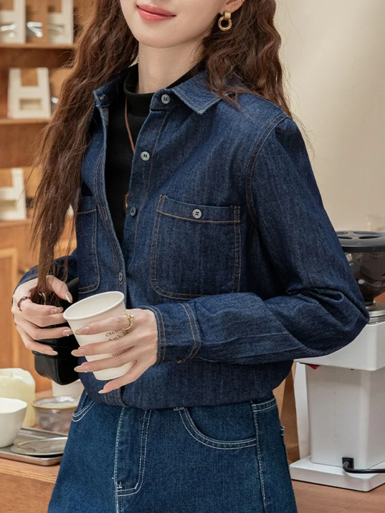 Retro Denim irt Women's New Sle Autumn 2025 Faion Unique Exquisite Top Layered Wear Inner Match Base irt Coat