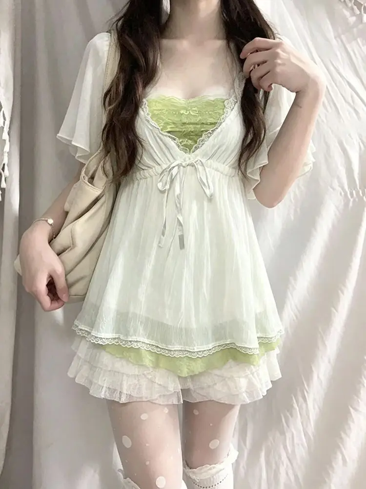 Japanese Vintage Fashion White Mesh Cardigan Casual Layered Top Waist Cinching Half Skirt Summer Harajuku 3-piece Set 니트 스커트