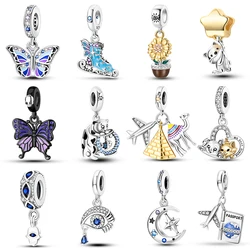 100% 925 Sterling Silver Star Moon Pyramid Airplane Passport Travel Charms Pendants Fit Qikaola Original Bracelets DIY Jewelry