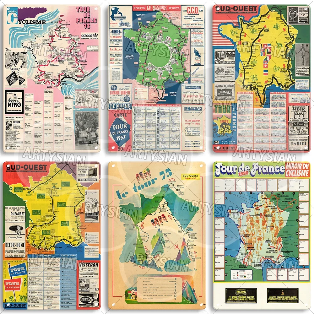 Tour de France Map Metal Sign Bike Cycle Race La Carte Guide Plaque Bicycle Racing Poster L'Équipe Patronage Merlin Riz La Aspen