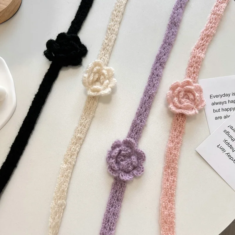 Niche Three-Dimensional Rose Handmade Crocheted Scarf Hot Girl Fashion Wear Thin Narrow Long Scarf