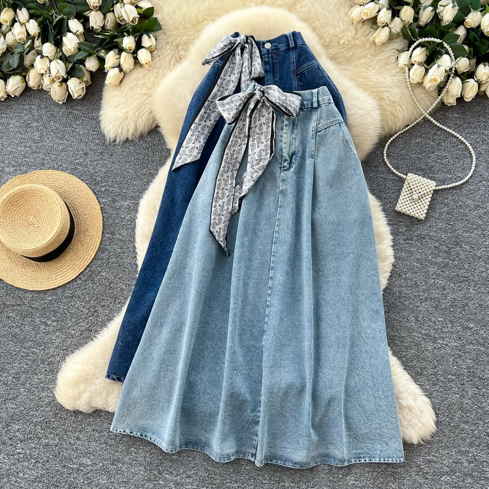 Women Solid Denim Skirts Scarve Skirt Ankle Lenth A Line High Waist Zipper Slight Strech Loose Fit Elegant Casual 2026 Spring