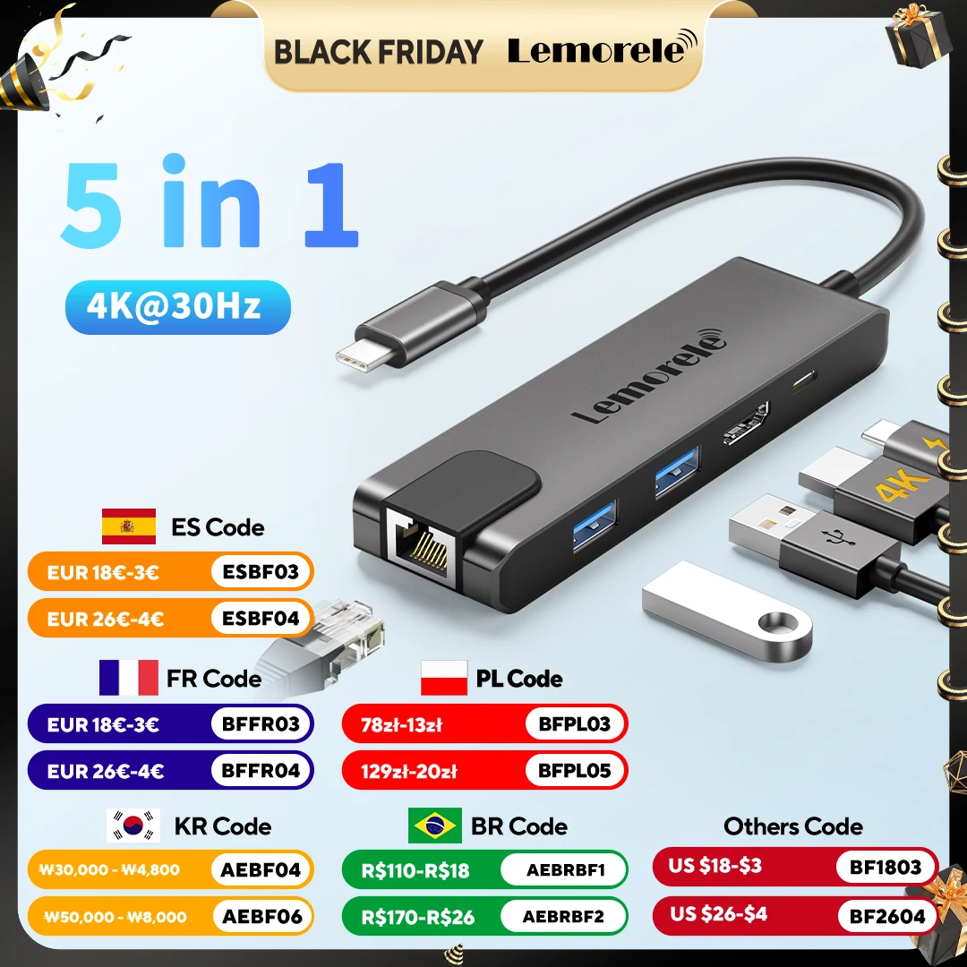 

Док-станция Lemorele 5-в-1 USB C HUB 4K 30 Гц HDMI Gigabit Ethernet RJ45 Адаптер USB A 2.0 480 Мбит/с PD 100 Вт Для ПК Ноутбука