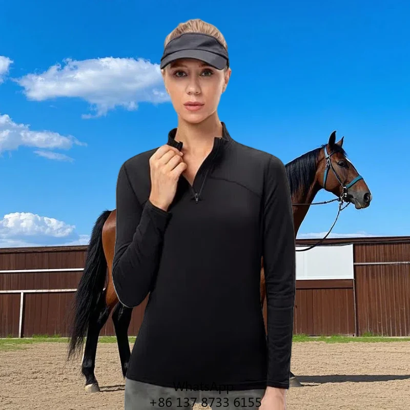 

Женская рубашка для верховой езды, однотонная, с молнией 1/4, длинный рукав, быстросохнущая, дышащая, экологичная, эластичная в четырех направлениях