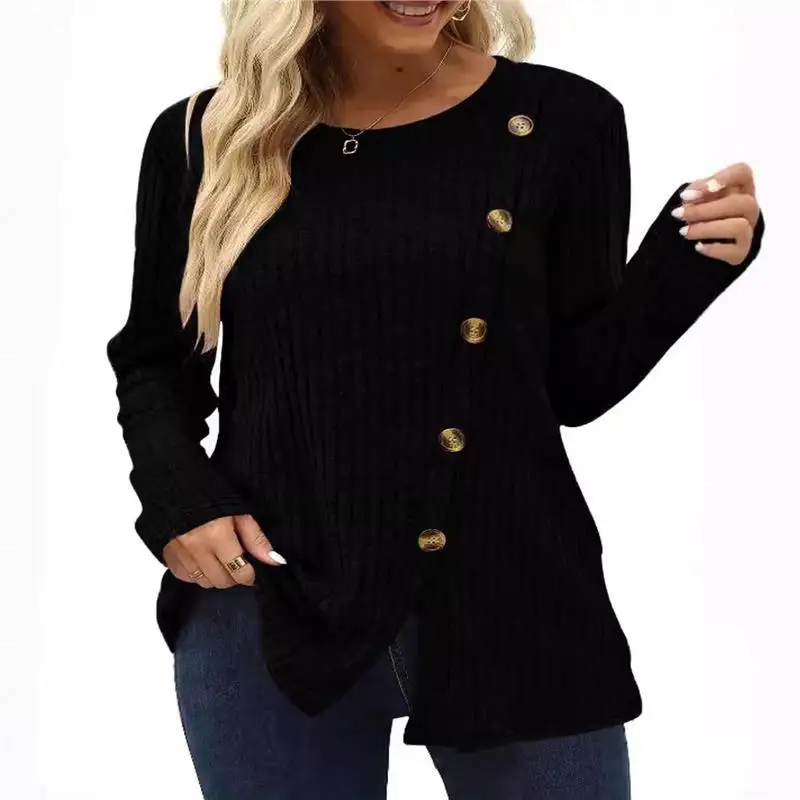 

Cross-Border Spring Autumn New Women's Knitted Long Sve round Ne T-irt Patchwork Pure Color Slit Top Pit Stripe