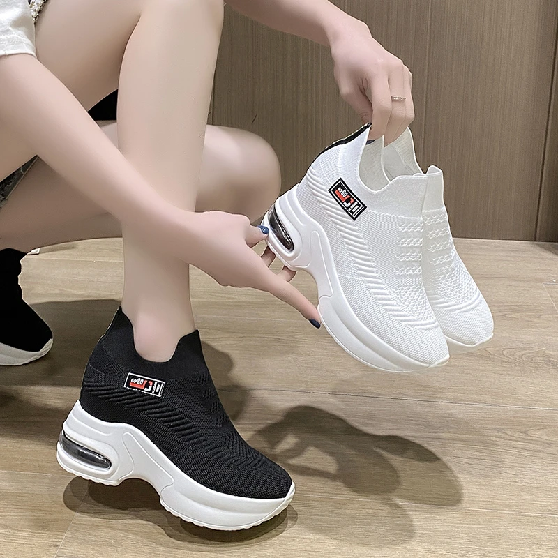 New Ladies Sneakers Spring Sequin Casual Women\'s Platform High Heels Wedge Heel Heightening Knitted Ladies Vulcanized Shoes