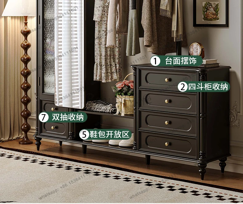 American retro style all-solid wood chest, coat rack integrated with full-length mirror, hanger for storage