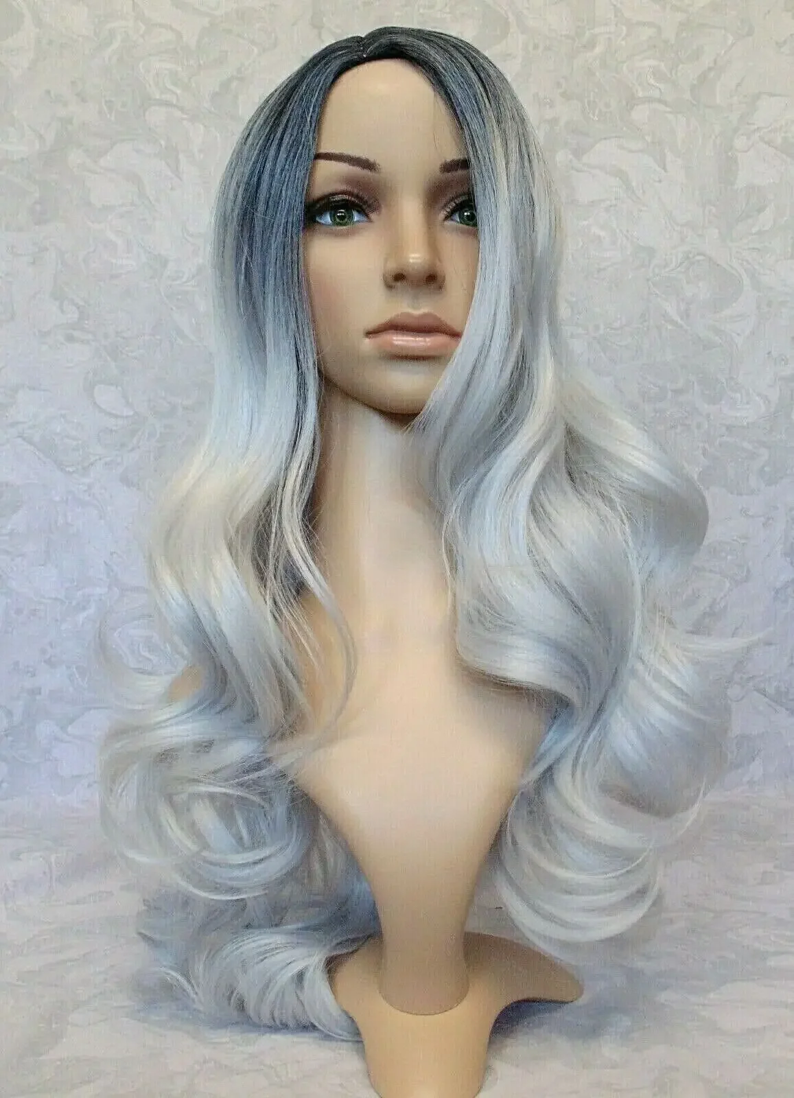 Long Wavy Silver White Ombrem skin Part High Heat Full synthetic Wig