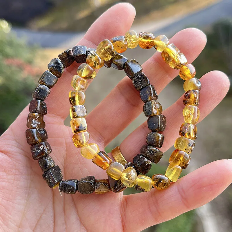 2pcs/lot 100% Natural Amber Bracelet for Diy Genuine Stone Original Irregular Square Beads Green Plant Black New Healing Jewelry