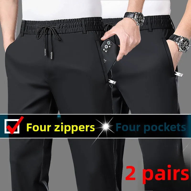 بنطلون رياضي فضفاض للرجال بأسلوب جديد لفصلي الربيع والصيف، متعدد الجيوب والسوستات، من خامة آيس سيلك، بنطلون طويل مستقيم الساق.