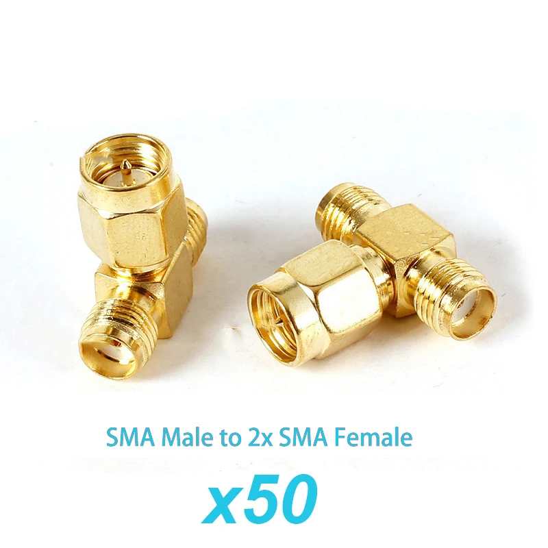50Pieces/Lot SMA Male Female to Dual RPSMA Triple T Connector 3 Way Splitter Adapter for WiFi Antenna Extension Cable