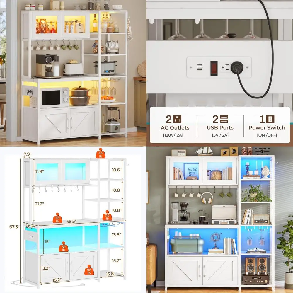 Farmhouse Style 45.3 Inch Coffee Bar Cabinet with Power Outlet and LED Light, Kitchen Microwave Stand for Storage