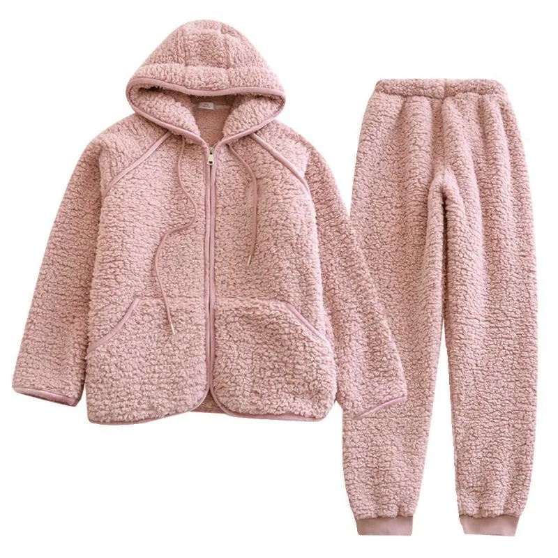 Couple Pajamas Lamb Fleece Suit Women's Winter Fleece Thickened Coral Fleece Men's Hooded Zipper Can Be Worn Outside Loungewear