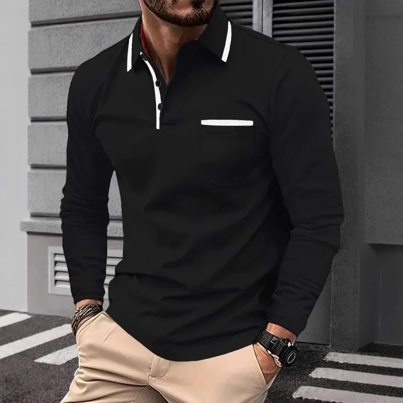 

Autumn Men's Casual Long Sleeved Polo Shirt with Pockets Made of 100% Polyester Knit Fabric Regular Style Solid Color Elastic