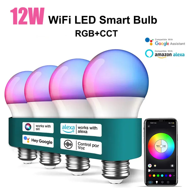 

Светодиодная лампа E26 12W RGBW Wi-Fi, умные лампочки для дома с Bluetooth, управление через приложение для Alexa и Google, для декора комнаты, 220В