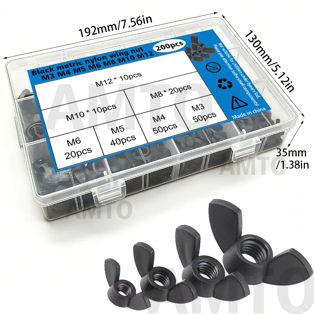 M3 M4 M5 M6 M8 M10 M12-200-Piece Black Nylon Wing Nuts Sorting Set;