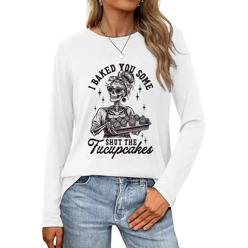 

Женская футболка с длинным рукавом 90-х годов, футболки с графикой Y2k, забавная футболка с выпечкой, скелетом и кексом, готическая футболка, женская всесезонная одежда
