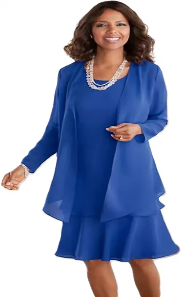 فستان أم العروس الأزرق الأنيق مع جاكيتات رقبة دائرية طول الركبة شيفون فساتين حفلات الزفاف تنورة رسمية للحفلات