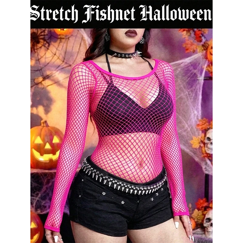 1  pc  Sexy Fishnet Long Sleeve See Through Top Women Halloween Beach Cover Up Swimwear Y2K (No Bikini)