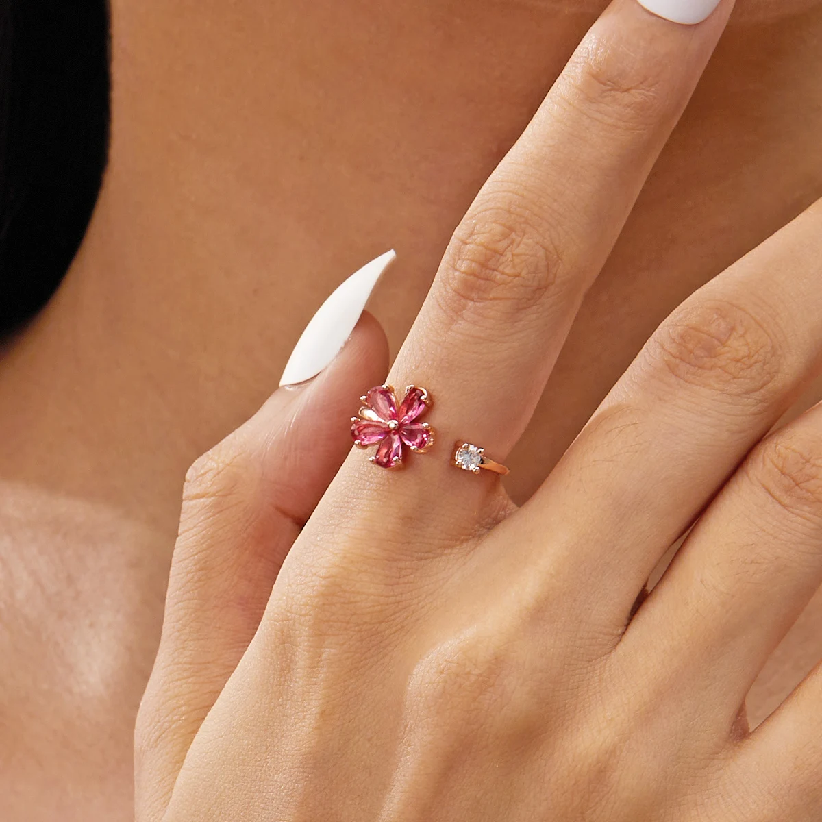 Zarte Kristall-Zirkon-Ringe für Frauen, süße Blume, Blatt, Schmetterling, verstellbare offene Ringe, Hochzeit, Verlobung, Schmuck, Geschenk – Detail 8