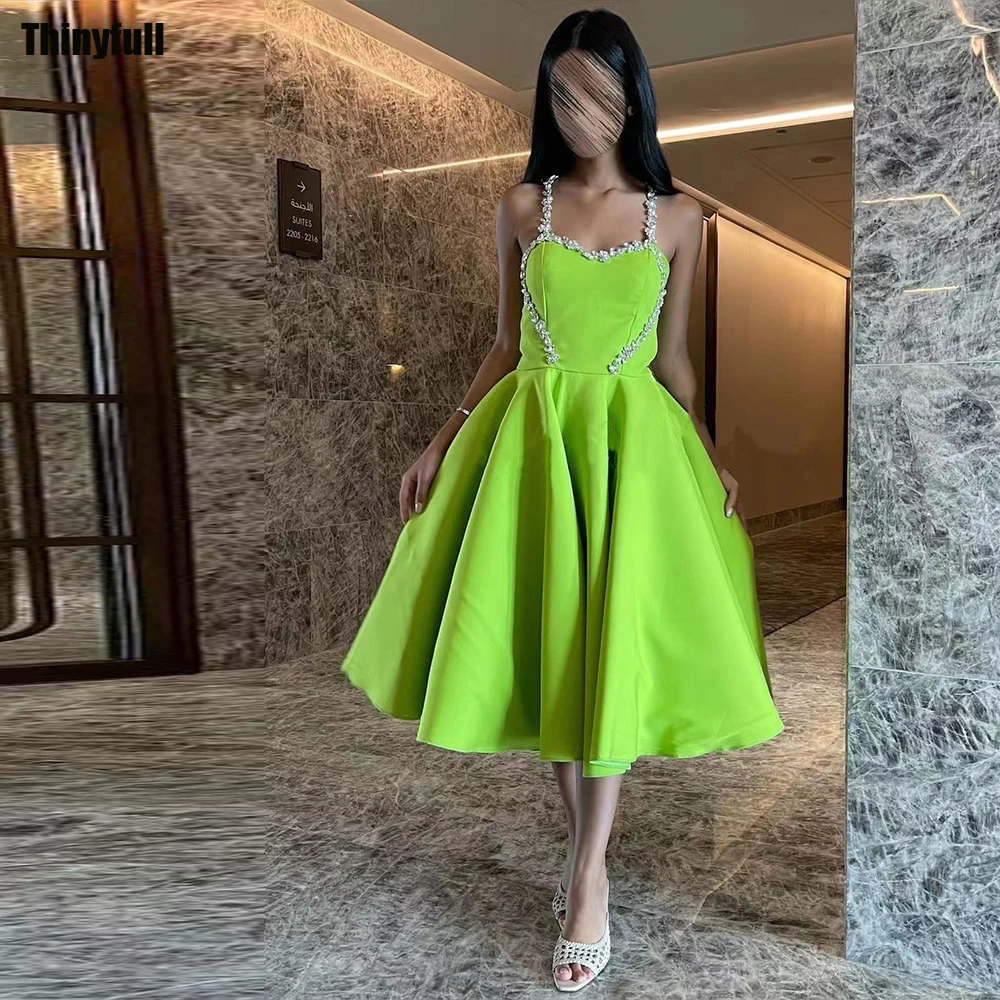 

Thinyfull Saudi Arabia A-line Evening Party Gown Sleeveless Satin Elegant Prom Dresses Tea-length Sequin Formal Occasion Dress