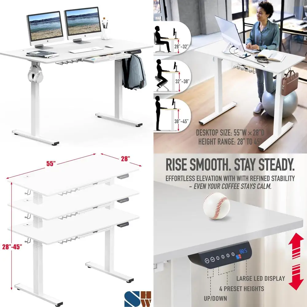 

White 55 x 28 Electric Adjustable Height Desk with Drawer and Memory Settings