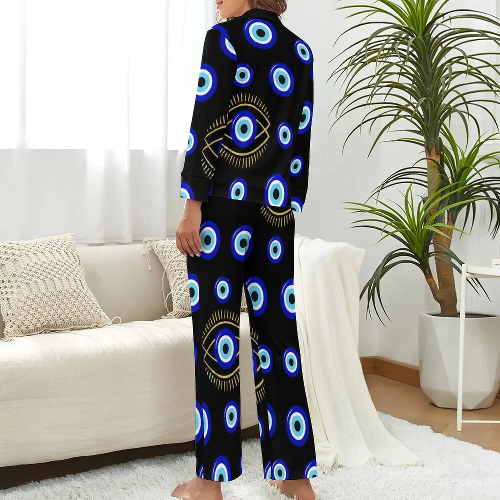 Evil Eye Pajamas Woman Vintage Print Warm Sleepwear Spring Long Sleeve Two Piece Bedroom V Neck Pattern Pajama Sets