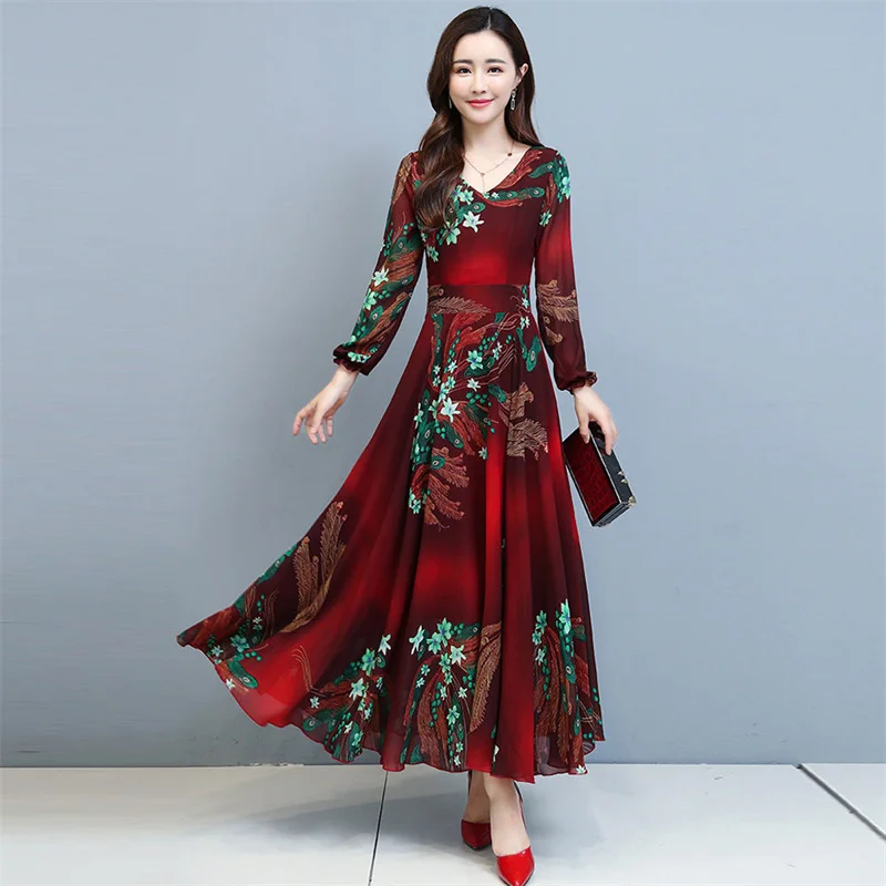 

2022 Spring Autumn New Women Clothing Waist Thin Temperament Floral Chiffon Dress Long Section Noble Lady High-end Western Style