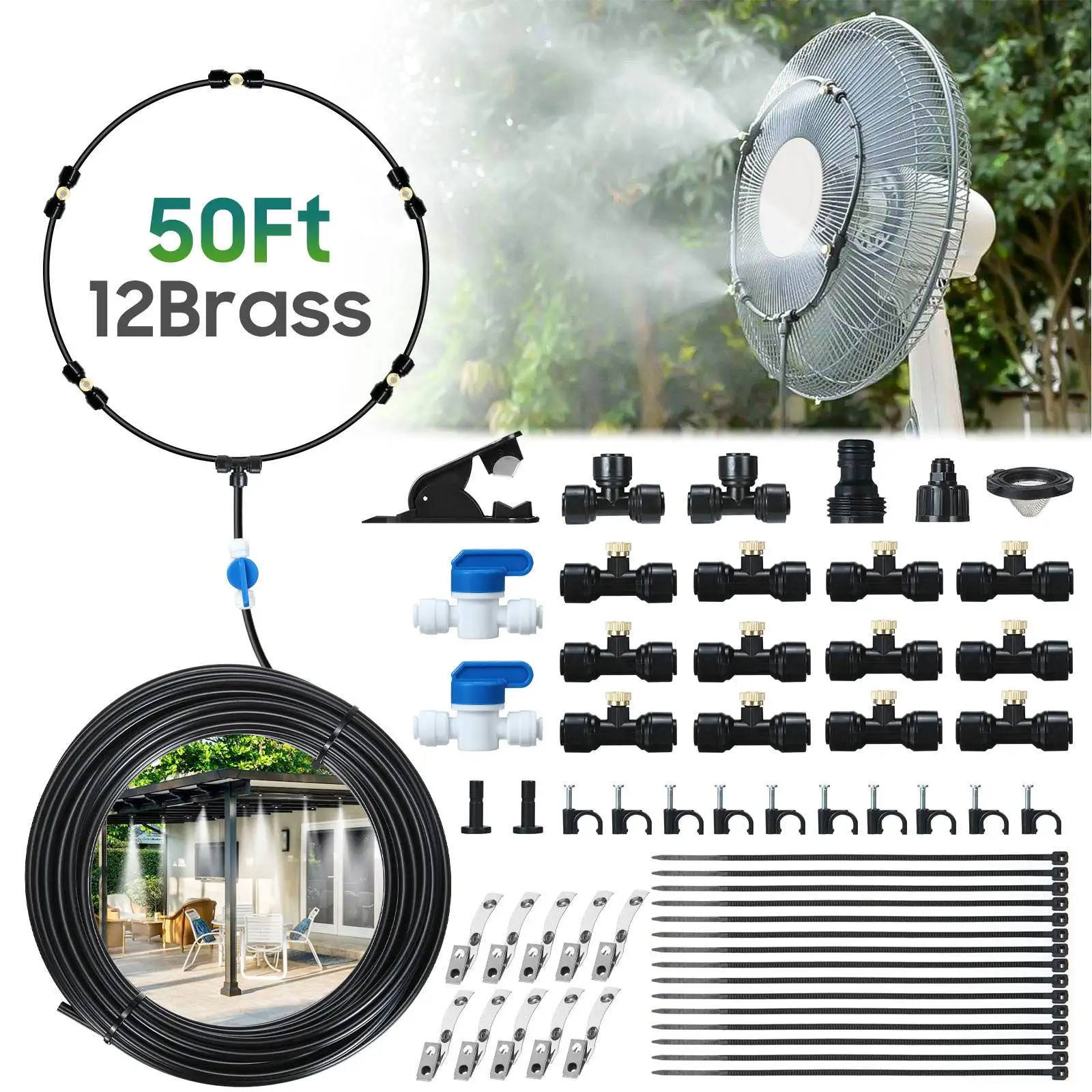 Outdoor Misting System Misters with 3/4 Adapter 12 Brass Mist Nozzles 10 Connector for Garden Lawn Greenhouse